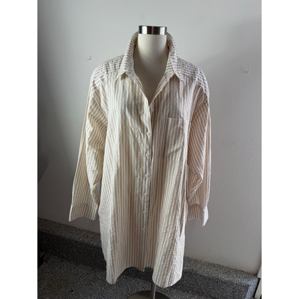 Anthropologie Womens Plus 2X Striped Button Up Shirt Tan Oversized Longline Top